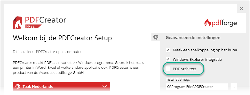 PDF Creator installatie - PDFArchitect deselecteren 2-2